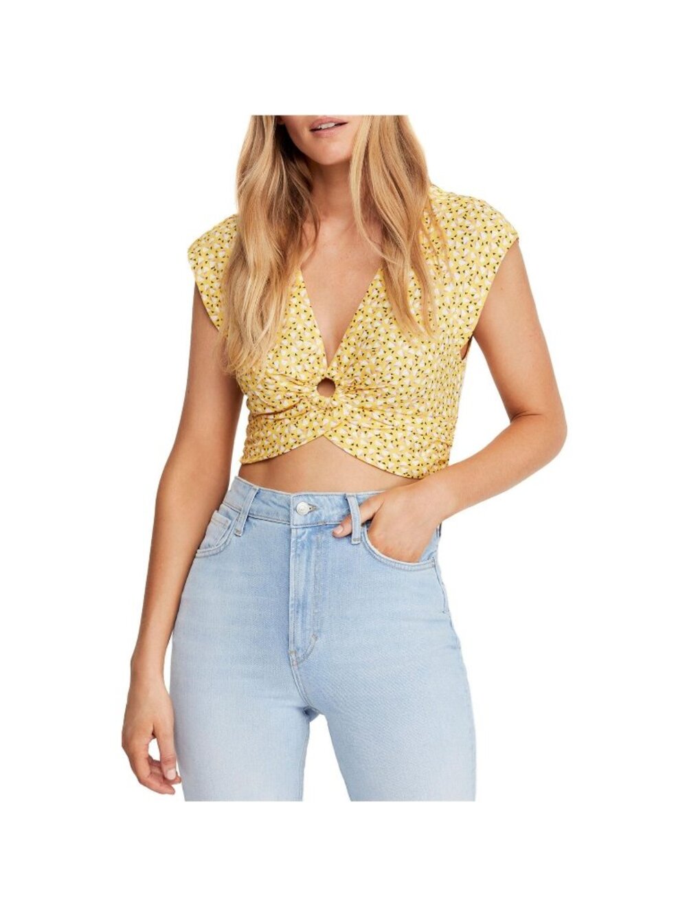Free People S Yellow Havana Honey Crop Top Printed Short Sleeve Blouse Linen